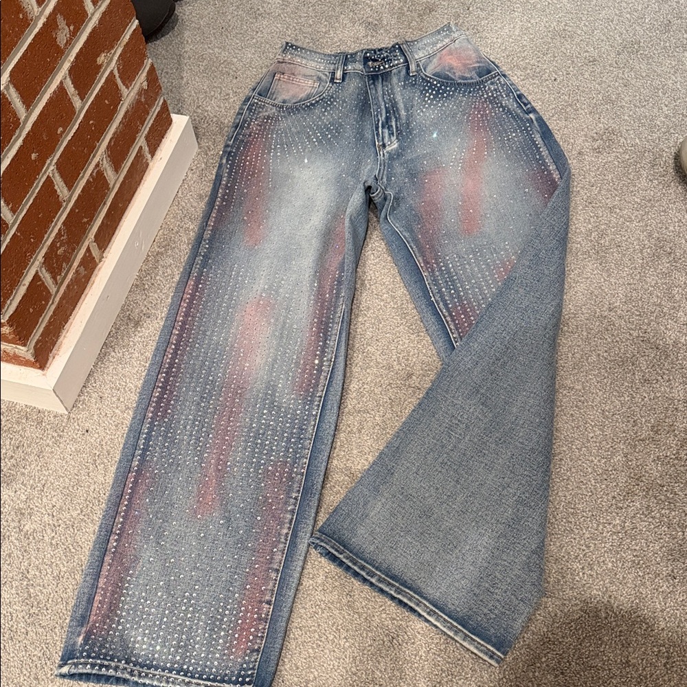 Studded Blue Jeans with Red Accents